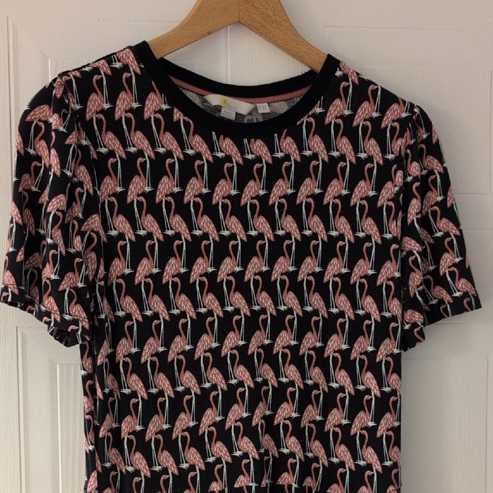 Boden Pink and Black Flamingo Print Short Sleeve midi Dress